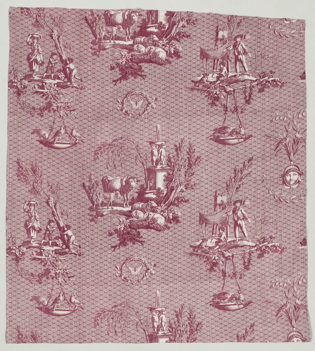 Strip of Copperplate Printed Cotton with "L'Oiseleur" Design by Jean-Baptiste Marie Hüet, textile, 1795-1805