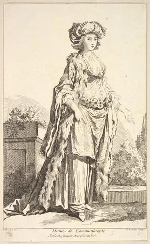 Dame de Constantinople, plate 5 from "Recueil de diverses fig.res étrangeres Inventées par F. Boucher P.tre du Roy et Gravées par F. Ravenet" (Collection of Various Foreign Figures, Devised by F. Boucher, Painter of the King and Engraved [etched] by F. Ravenet) by Simon Ravenet, print, 1725-1750