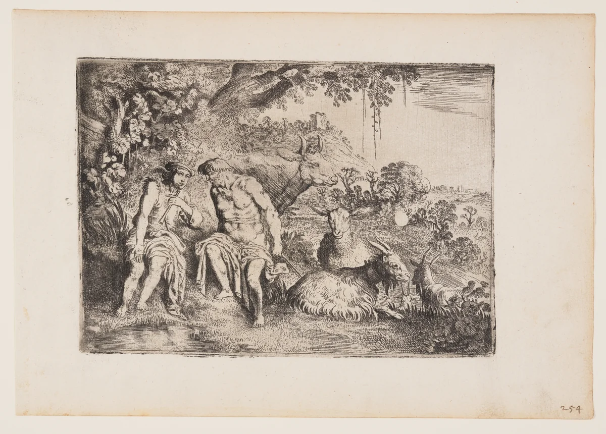 Mercury Lulling Argus to Sleep, plate 4 from The Story of Mercury and Argus by Moses van Uyttenbroeck, print, 1620-1626