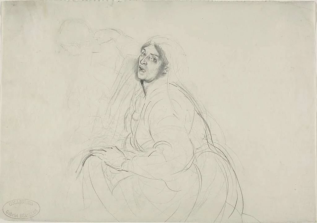 Seated Woman, and Sketch of Figure Bending Over by Alfred Dehodencq, drawing, 1842-1882