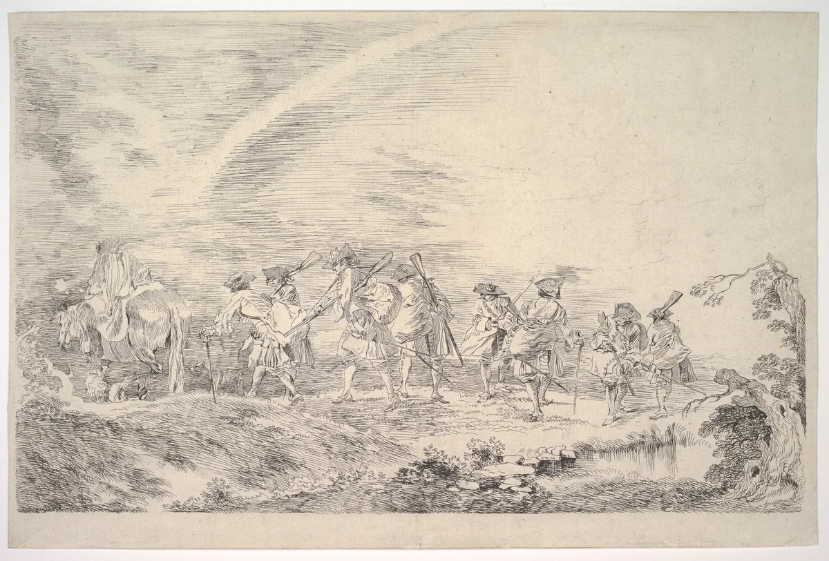 Recruits Going to Join the Regiment by Antoine Watteau, print, 1710-1720
