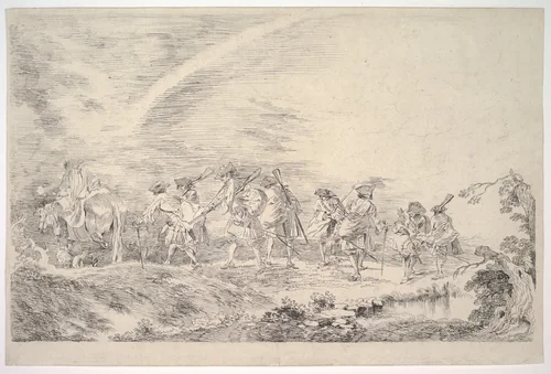 Recruits Going to Join the Regiment by Antoine Watteau, print, 1710-1720