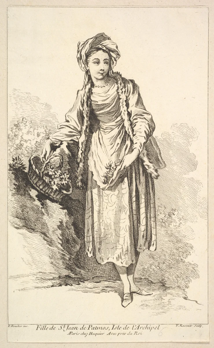 Fille de St. Jean de Patmos, Isle de l'Archipel, plate 6 from "Recueil de diverses fig.res étrangeres Inventées par F. Boucher P.tre du Roy et Gravées par F. Ravenet" (Collection of Various Foreign Figures, Devised by F. Boucher, Painter of the King and Engraved [etched] by F. Ravenet) by Simon Ravenet, print, 1721-1774
