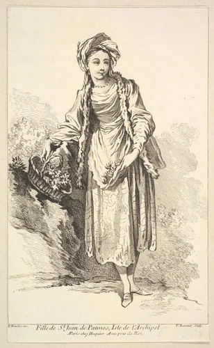 Fille de St. Jean de Patmos, Isle de l'Archipel, plate 6 from "Recueil de diverses fig.res étrangeres Inventées par F. Boucher P.tre du Roy et Gravées par F. Ravenet" (Collection of Various Foreign Figures, Devised by F. Boucher, Painter of the King and Engraved [etched] by F. Ravenet) by Simon Ravenet, print, 1721-1774