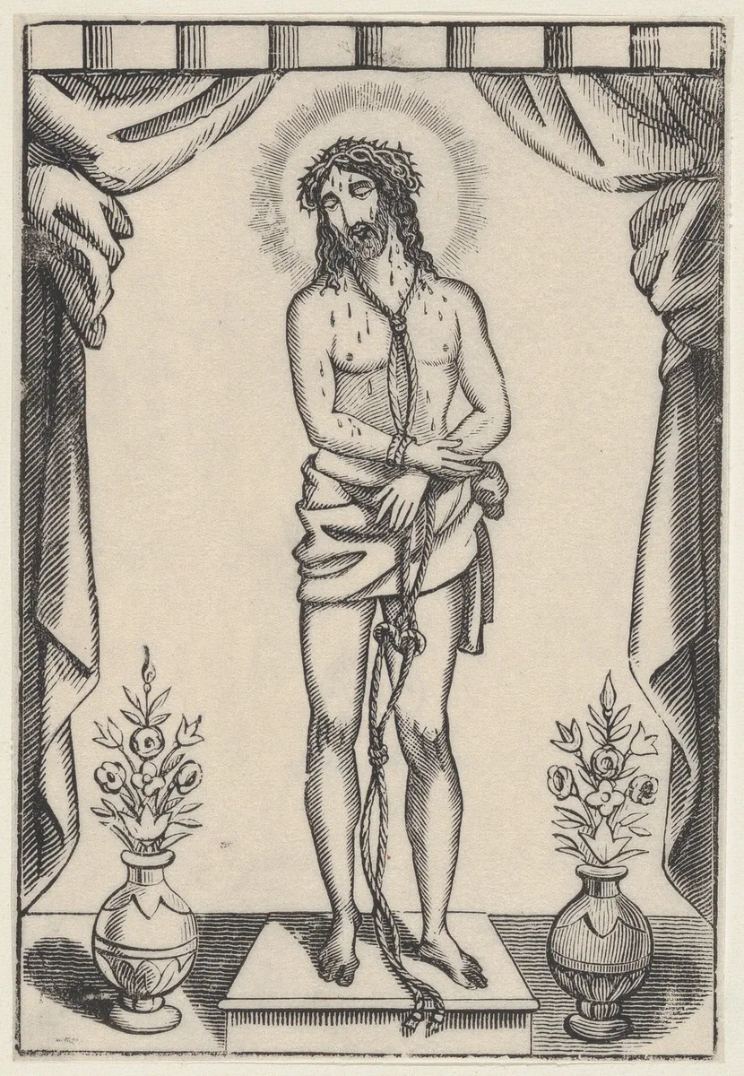 Christ standing, hands tied with rope by anonymous, print, 19