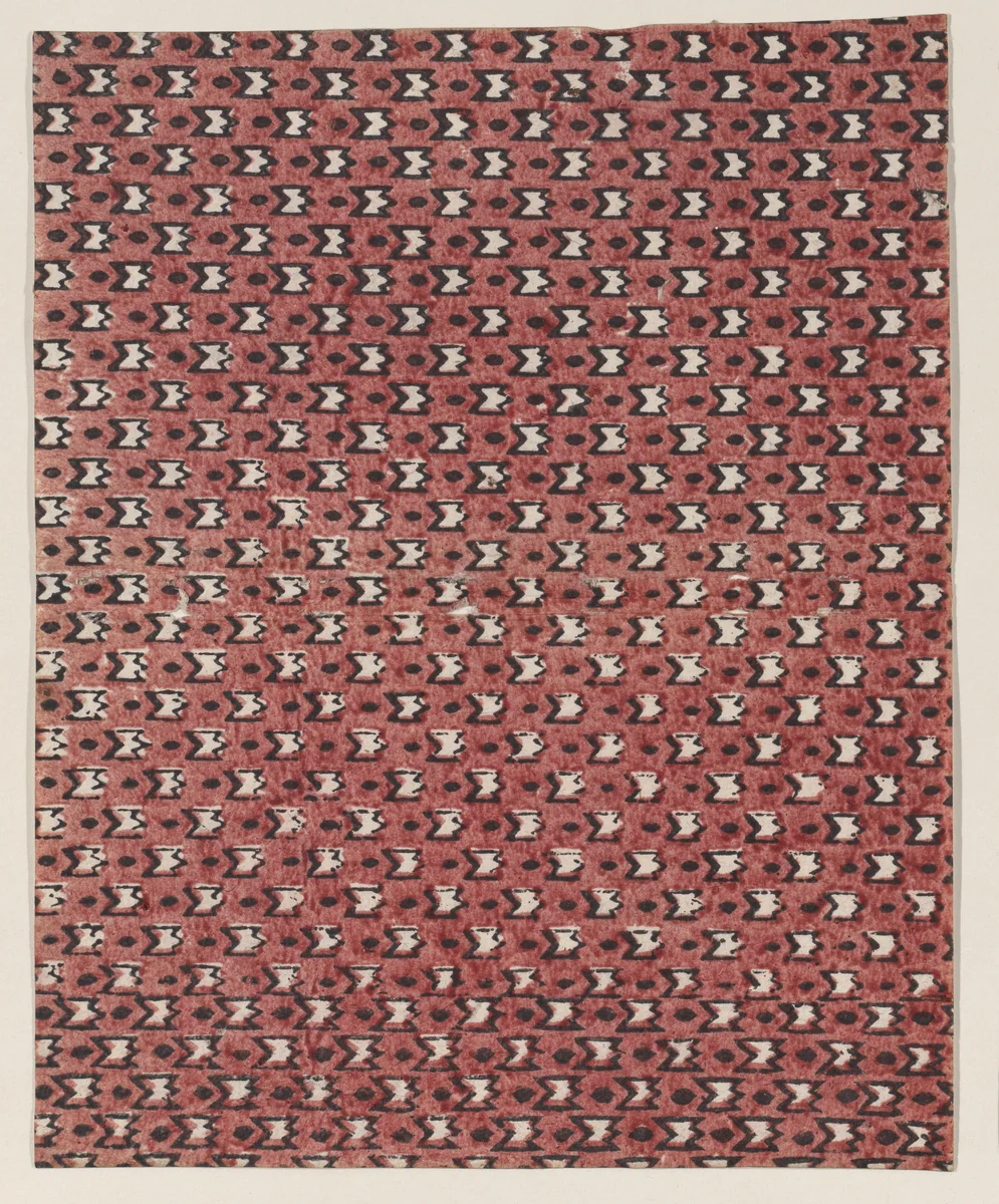 Sheet with overall red and black geometric pattern by anonymous, print, 1800-1900