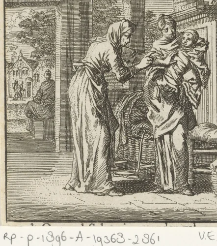 Moeder toont een pasgeboren baby aan een bejaarde vrouw by Jan Luyken, print, 1712