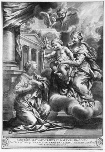Saint Martina kneeling before the Virgin and Child, as the Child offers her a lily by François Spierre, print, 1659-1681