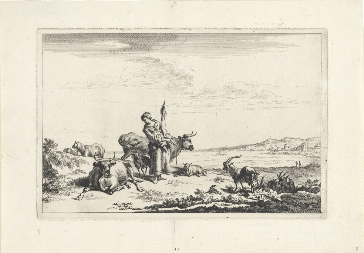 Herderin met spintol aan de oever van een rivier by Jan de Visscher, print, 1643-1692