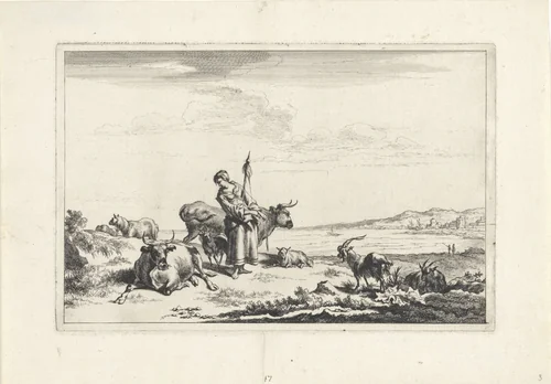Herderin met spintol aan de oever van een rivier by Jan de Visscher, print, 1643-1692