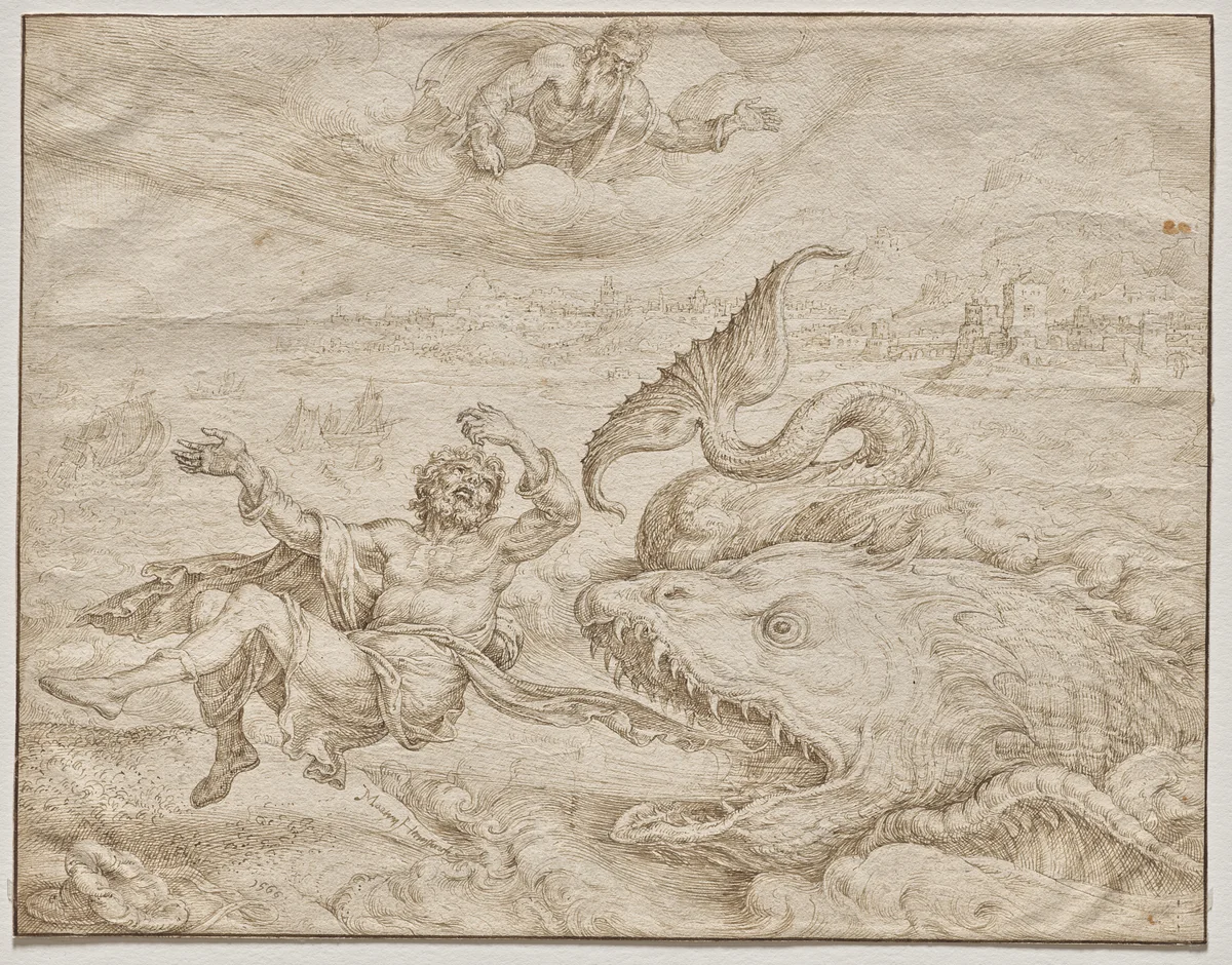 Jonah Cast Out by the Whale onto the Shore of Nineveh by Maarten van Heemskerck, drawing, 1566