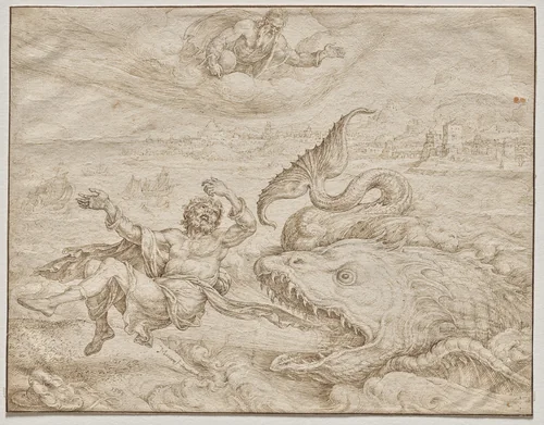 Jonah Cast Out by the Whale onto the Shore of Nineveh by Maarten van Heemskerck, drawing, 1566