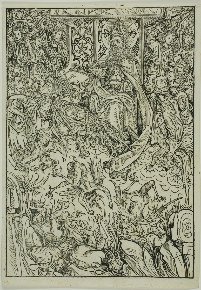 The Fall of Lucifer and the Rebel Angels (verso); The Gathering of the Angels (recto), pages three and two from the Treasury (Schatzbehalter) by Michael Wolgemut, print, 1491