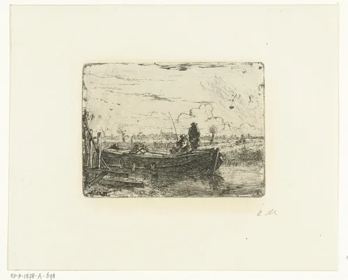 Polderlandschap met twee mannen op boot by Albertus Brondgeest, print, 1796-1849
