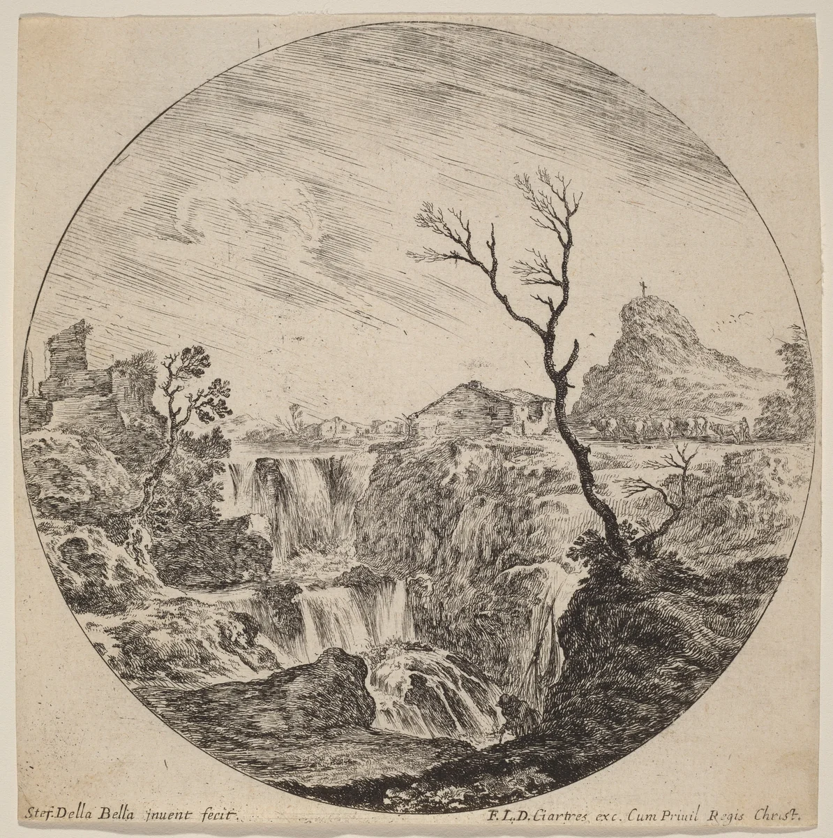 Waterfall with Three Tiers by Stefano della Bella, print, 1646