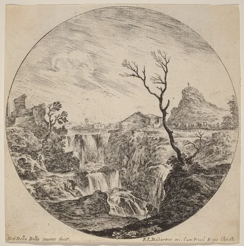 Waterfall with Three Tiers by Stefano della Bella, print, 1646