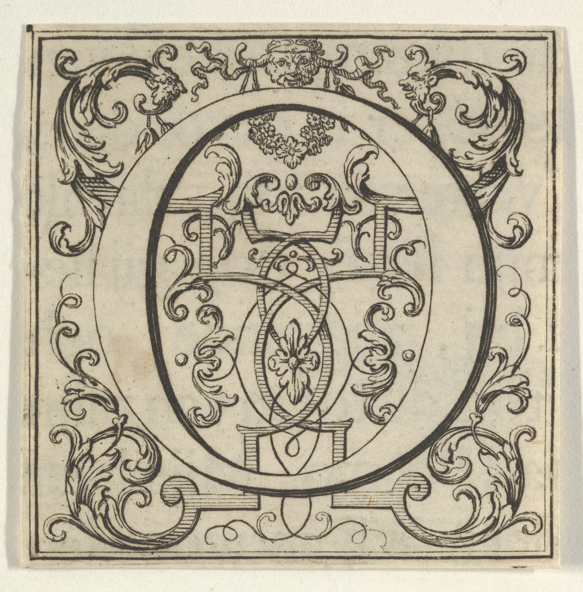 Roman Alphabet letter O with Louis XIV decoration by Bernard Picart, print, 1700-1733