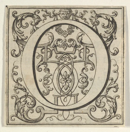 Roman Alphabet letter O with Louis XIV decoration by Bernard Picart, print, 1700-1733