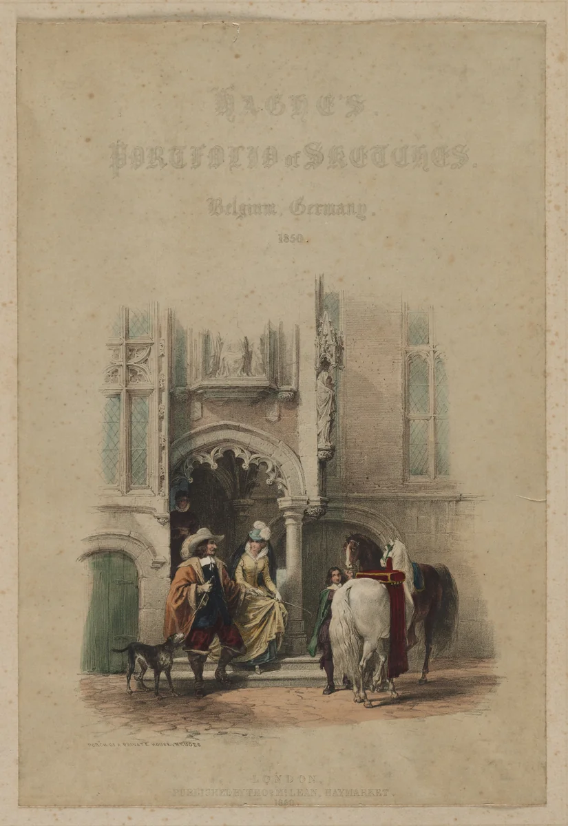 Haghe's Portfolio of Sketches. Belgium. Germany, vol. III: Title Page, on a door, part of a view, Porch of a Private House, Bruges by Louis Haghe, print, 1850