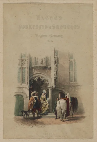 Haghe's Portfolio of Sketches. Belgium. Germany, vol. III: Title Page, on a door, part of a view, Porch of a Private House, Bruges by Louis Haghe, print, 1850