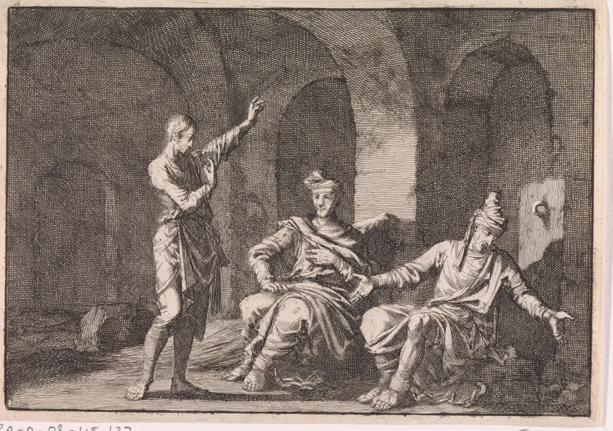 Jozef verklaart de dromen van de bakker en de wijnschenker by Jan Luyken, print, 1704