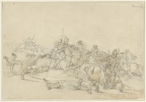 Ruitergevecht by Charles Parrocel, drawing, 1698-1752