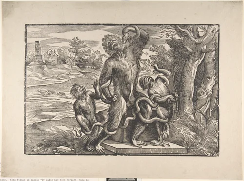 Caricature of the Laocoön scuptural group, excavated in Rome in 1506 by Nicolò Boldrini, print, 1535-1545