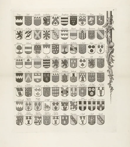 Wapenkaart van oude geslachten van Utrecht, blad rechtsonder by Johannes van Hiltrop, print, 1769