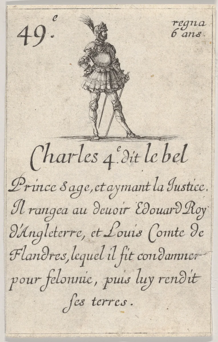 Charles 4.e- dit le bel / Prince sage..., from "Game of the Kings of France" (Jeu des Rois de France) by Stefano della Bella, print, 1644