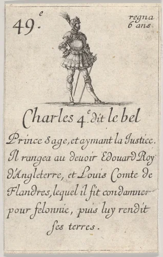Charles 4.e- dit le bel / Prince sage..., from "Game of the Kings of France" (Jeu des Rois de France) by Stefano della Bella, print, 1644