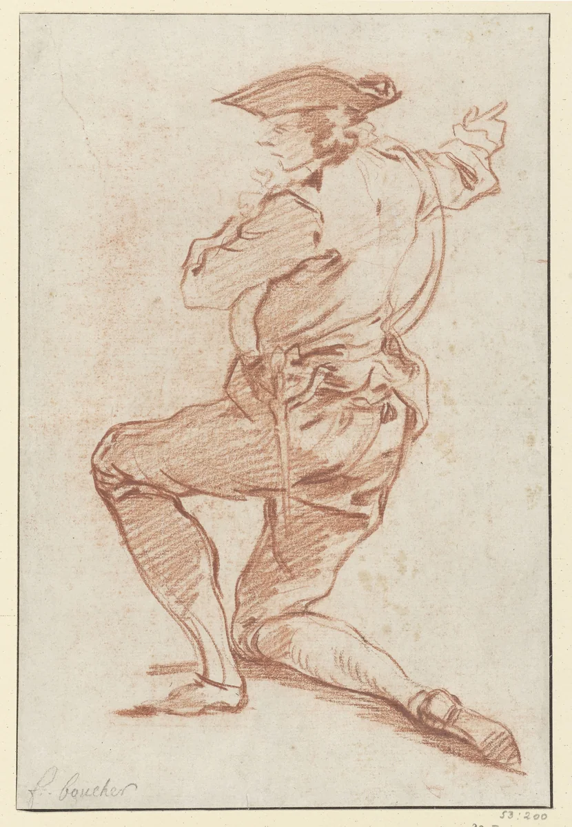 Study of a kneeling huntman by François Boucher, drawing, 1713-1734