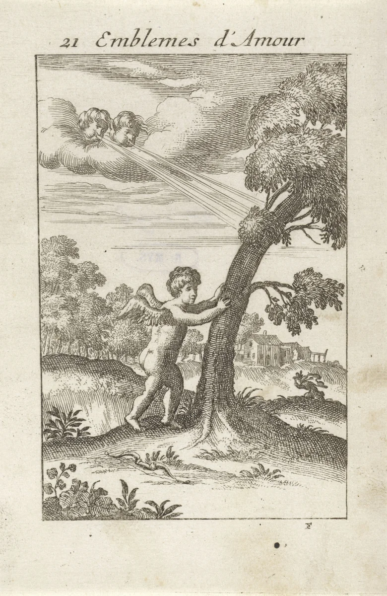 Amor bij een boom die wind vangt by Jan van Vianen, print, 1686
