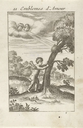 Amor bij een boom die wind vangt by Jan van Vianen, print, 1686