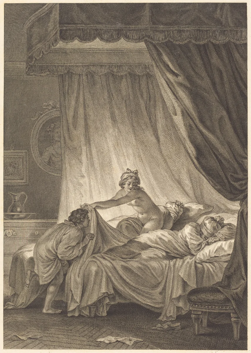 Joconde: Le lit by Charles Louis Lingée, Jean Honoré Fragonard, print, 1748-1819