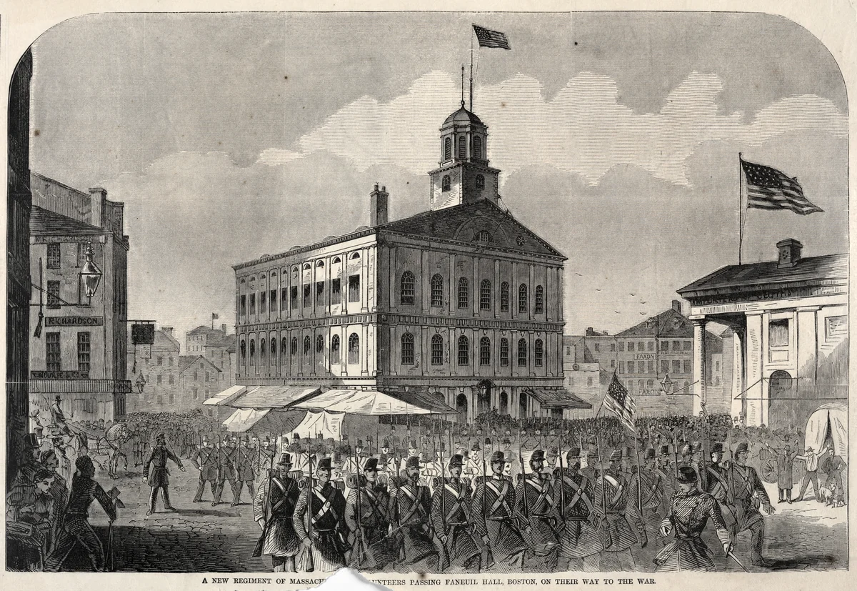 A New Regiment of Massachusetts Volunteers passing Faneuil Hall, Boston, on their way to War by Winslow Homer, print, 1860-1865