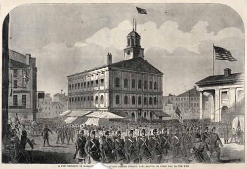 A New Regiment of Massachusetts Volunteers passing Faneuil Hall, Boston, on their way to War by Winslow Homer, print, 1860-1865