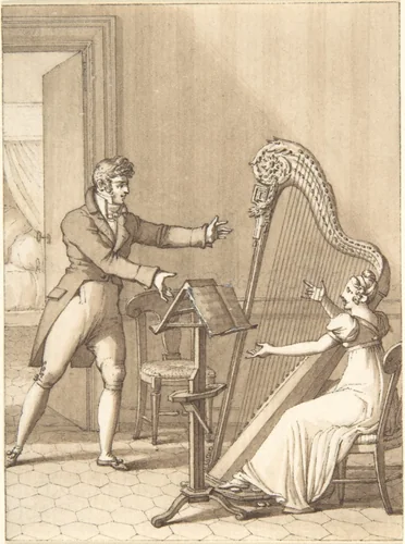 Design for a Book Illustration: a Man Approaching a Woman Playing a Harp by anonymous, drawing, 1800-1900