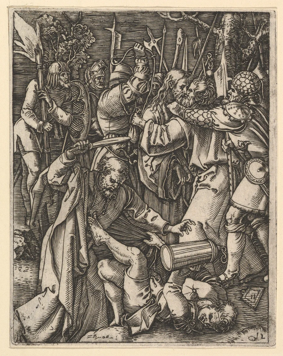 Judas kissing Christ surrounded by soldiers; St Peter attacking Malchus in foreground, from "The Passion of Christ", after Dürer by Marcantonio Raimondi, print, 1495-1539