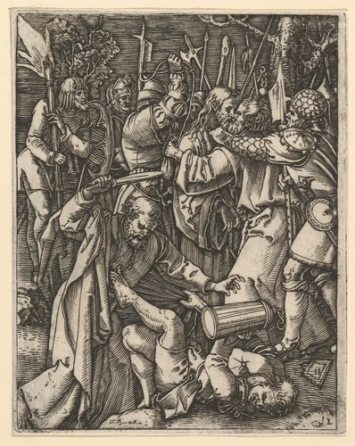 Judas kissing Christ surrounded by soldiers; St Peter attacking Malchus in foreground, from "The Passion of Christ", after Dürer by Marcantonio Raimondi, print, 1495-1539