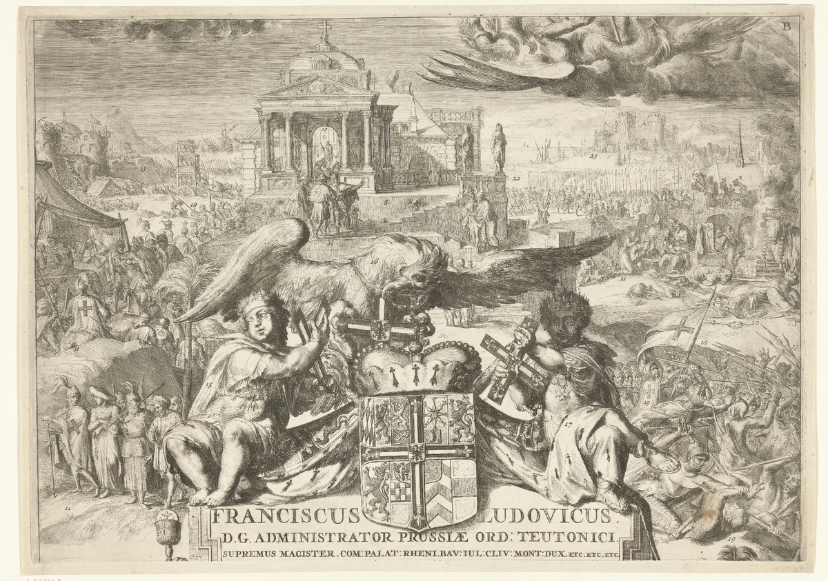 Geschiedenis en werken van de Duitse Orde; wapen van de grootmeester van de orde by Romeyn de Hooghe, print, 1700