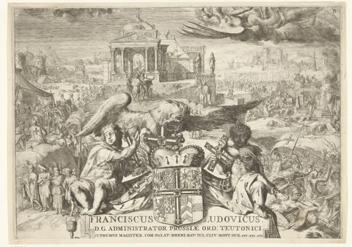 Geschiedenis en werken van de Duitse Orde; wapen van de grootmeester van de orde by Romeyn de Hooghe, print, 1700
