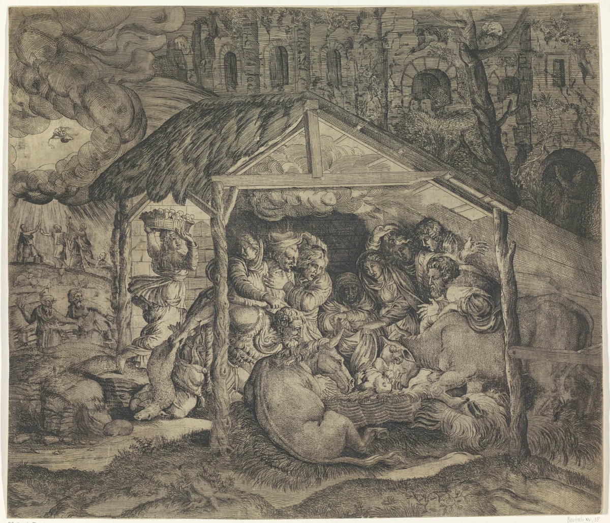 Aanbidding door de herders by anonymous, print, 1501-1580
