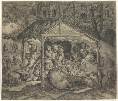 Aanbidding door de herders by anonymous, print, 1501-1580