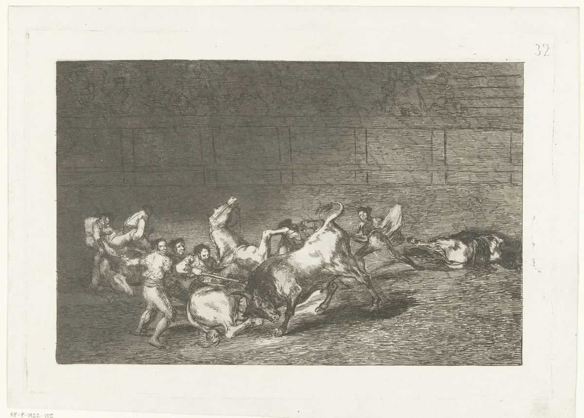 Picador steekt een lans in een stier by Francisco de Goya, print, 1811-1816