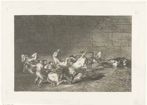 Picador steekt een lans in een stier by Francisco de Goya, print, 1811-1816