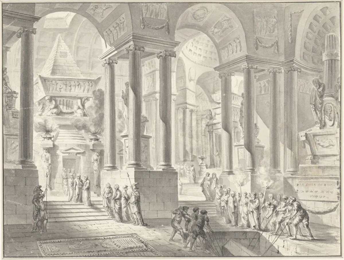 Begrafenis in een gefantaseerd klassicistisch interieur by Jacques François Blondel, drawing, 1715-1774