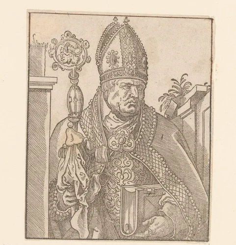 Bisschop staand tussen twee muren by anonymous, print, 1580