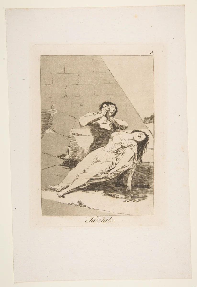 Tantalus (Tantalo), plate 9 from "Los Caprichos" by Goya, print, 1799