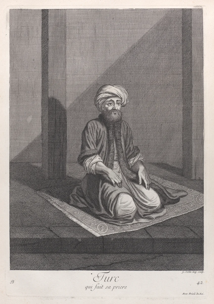 Turc, qui fait sa priere, plate 42 from "Recueil de cent estampes représentent differentes nations du Levant" by Jean Baptiste Vanmour, print, 1714-1715