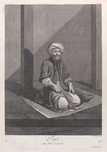 Turc, qui fait sa priere, plate 42 from "Recueil de cent estampes représentent differentes nations du Levant" by Jean Baptiste Vanmour, print, 1714-1715
